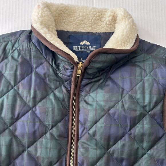 British Khaki Plaid Quilted Zip Vest Blue Green Women's L fur collar snap pocket - Picture 3 of 10